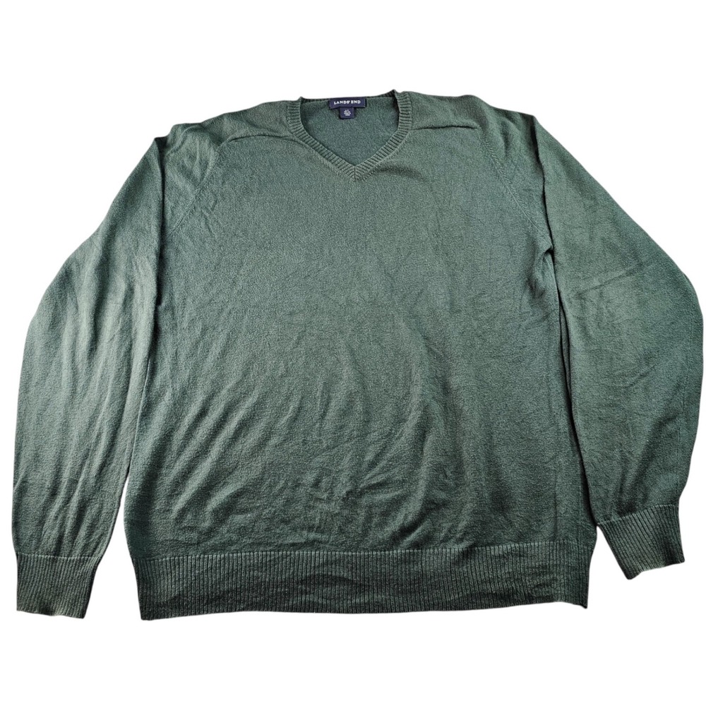 Lands' End Sweater Mens T/Large‎ Green Knitted Long Sleeve V-Neck Pullover